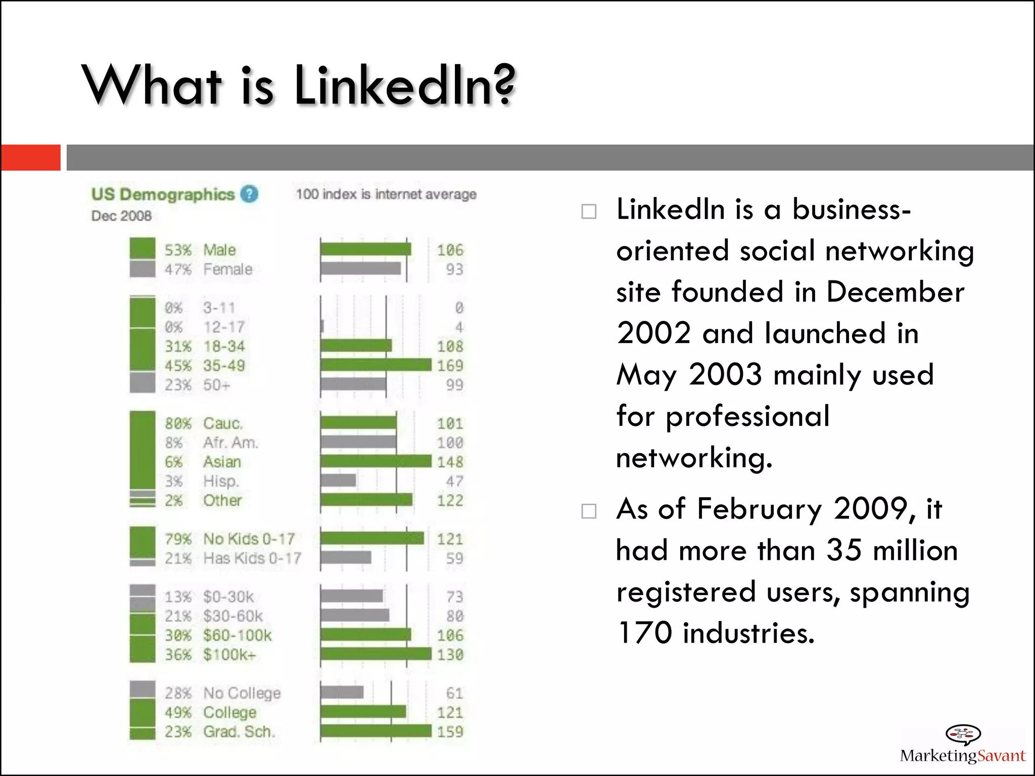 What is LinkedIn?
                       LinkedIn is a business-
                        oriented social networking
                        site founded in December
                        2002 and launched in
                        May 2003 mainly used
                        for professional
                        networking.
                       As of February 2009, it
                        had more than 35 million
                        registered users, spanning
                        170 industries.
 