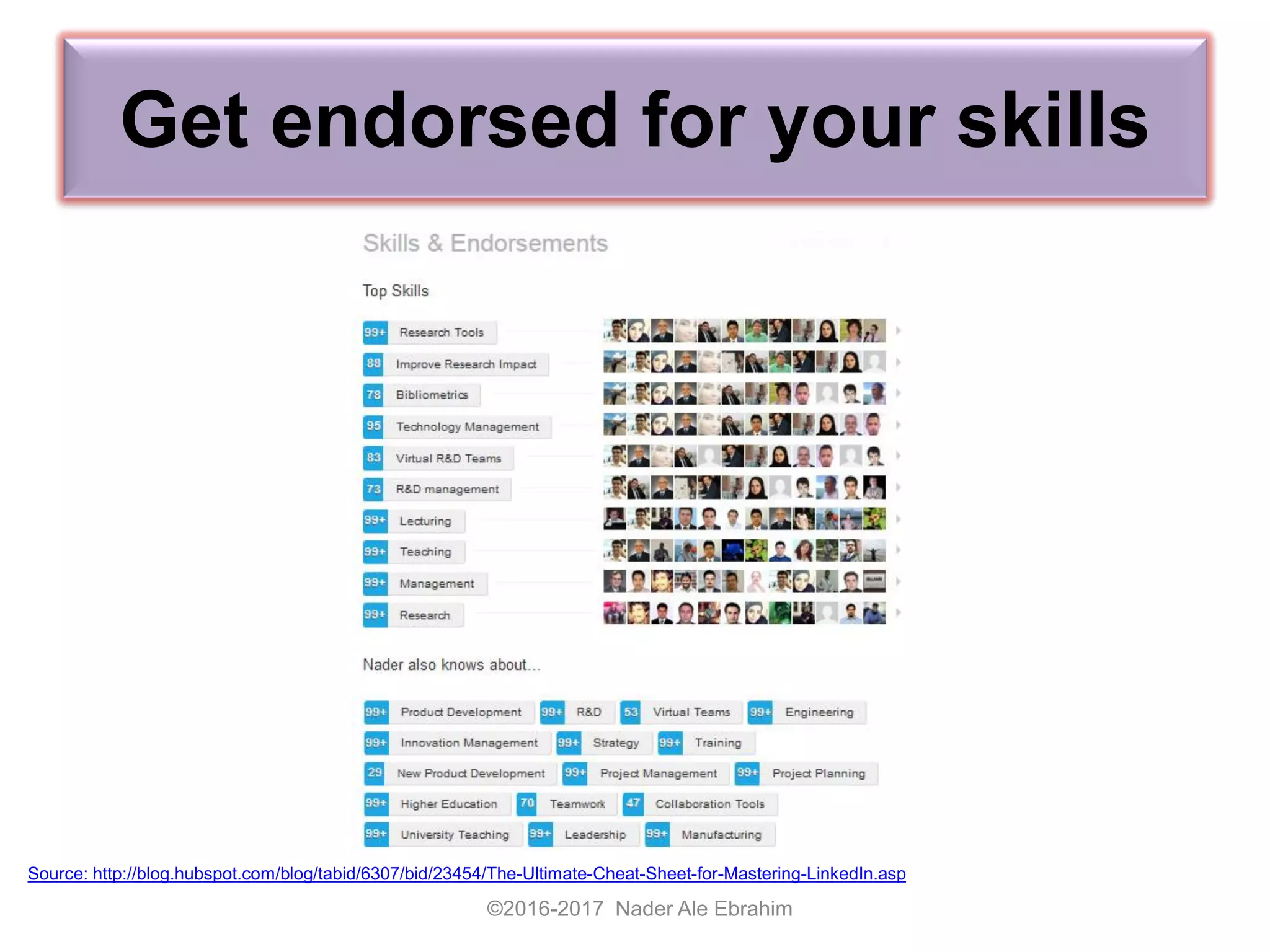 Get endorsed for your skills
©2016-2017 Nader Ale Ebrahim
Source: http://blog.hubspot.com/blog/tabid/6307/bid/23454/The-Ultimate-Cheat-Sheet-for-Mastering-LinkedIn.asp
 