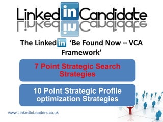 The Linked              ‘Be Found Now – VCA
                            Framework’
             7 Point Strategic Search
                    Strategies

            10 Point Strategic Profile
             optimization Strategies
www.LinkedInLeaders.co.uk
 