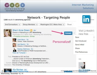 Internet Marketing
Solutions
Internet Marketing That Works™
© Copyright 2014 Cogo Interactive, LLC All Rights Reserved.	
  	
  	
  	
  	
  	
  	
  	
  	
  	
  Sales	
  to	
  your	
  Door™	
  Seminar	
  Series
Network - Targeting People
Personalize!
Wednesday, November 12, 14
 