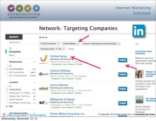 Internet Marketing
Solutions
Internet Marketing That Works™
© Copyright 2014 Cogo Interactive, LLC All Rights Reserved.	
  	
  	
  	
  	
  	
  	
  	
  	
  	
  Sales	
  to	
  your	
  Door™	
  Seminar	
  Series
Network- Targeting Companies
Wednesday, November 12, 14
 
