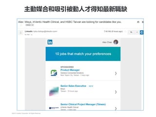 ©2013 LinkedIn Corporation. All Rights Reserved.
主動媒合和吸引被動人才得知最新職缺
 