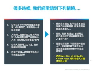 © 2016 LinkedIn Corporation. All Rights Reserved. |
很多時候, 我們經常聽到下列情境….
• 傳統求才網站, 似乎已經不能滿
足我們的招募需要, 經常看到的
都是熟悉面孔…
• 時間, 資源, 和效益: 怎樣幫公
司迅速的建立短中長期需求的
人才資料庫?
• 透過社群招募, 不需要額外增加
人力, 就能讓招募工作自動化,
並有效透過數據分析來制定招
募策略
• 透過Next Gen of LinkedIn
Career Page, 吸引特定人才關
注您的公司
1. 公司在下半年/明年要拓展新事
業, 成立新部門, 需要有的人才
招募需求
2. 人資同仁被要求在三個月內找
到10-20個有相關工作經驗的
人才, 來拓展公司新事業/部門
3. 公司人資部門人力不足, 擔心
時間和資源不夠
4. 怎樣才能讓人才接觸並熟悉公
司的雇主品牌?
21
 