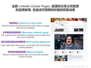© 2016 LinkedIn Corporation. All Rights Reserved. |
全新 LinkedIn Career Pages, 能讓您分享公司真實
的品牌故事, 並達成可預期和評量的招募成果
找到對的人 (Reach the right talent)
Traffic-driving ads & tailored audience views help you engage
high-priority candidates
分享真實的品牌故事 (Share your authentic story)
“Life” page provides candidates invaluable culture insights from
you & your employees
吸引並媒合最適合的應徵者 (Drive quality applicants)
“Jobs” page helps talent hone in on the right roles & self-assess
fit before applying
有效的評量招募成果 (Measure impact)
Robust in-product analytics allow you to see key recruiting
results & insights
22
 