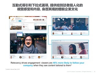© 2016 LinkedIn Corporation. All Rights Reserved. |
互動式導引和下拉式選項, 提供給到訪者個人化的
視覺感受和內容, 身歷其境的體驗企業文化
Relevancy drives engagement: viewers are 46% more likely to follow your
company when they see content tailored to them1
1 LinkedIn Internal Data, 2016
24
 