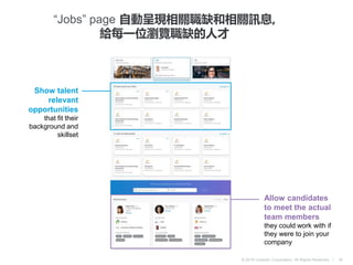 © 2016 LinkedIn Corporation. All Rights Reserved. |
“Jobs” page 自動呈現相關職缺和相關訊息,
給每一位瀏覽職缺的人才
Show talent
relevant
opportunities
that fit their
background and
skillset
Allow candidates
to meet the actual
team members
they could work with if
they were to join your
company
25
 