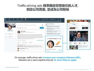 © 2016 LinkedIn Corporation. All Rights Reserved. |
Traffic-driving ads 精準鎖定您想吸引的人才,
到訪公司頁面, 並成為公司粉絲
On average, traffic-driver ads increase your company followers 68%;
followers are a warm pipeline that are 3x more likely to apply1
26
1 LinkedIn Internal Data, 2016
 