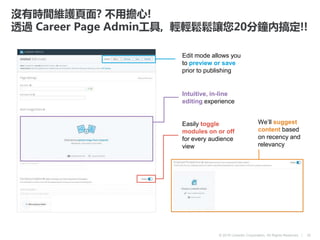 © 2016 LinkedIn Corporation. All Rights Reserved. |
Edit mode allows you
to preview or save
prior to publishing
Easily toggle
modules on or off
for every audience
view
Intuitive, in-line
editing experience
We’ll suggest
content based
on recency and
relevancy
35
沒有時間維護頁面? 不用擔心!
透過 Career Page Admin工具, 輕輕鬆鬆讓您20分鐘內搞定!!
 