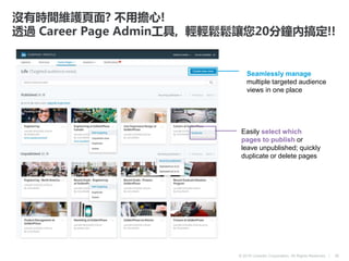 © 2016 LinkedIn Corporation. All Rights Reserved. |
Seamlessly manage
multiple targeted audience
views in one place
Easily select which
pages to publish or
leave unpublished; quickly
duplicate or delete pages
36
沒有時間維護頁面? 不用擔心!
透過 Career Page Admin工具, 輕輕鬆鬆讓您20分鐘內搞定!!
 