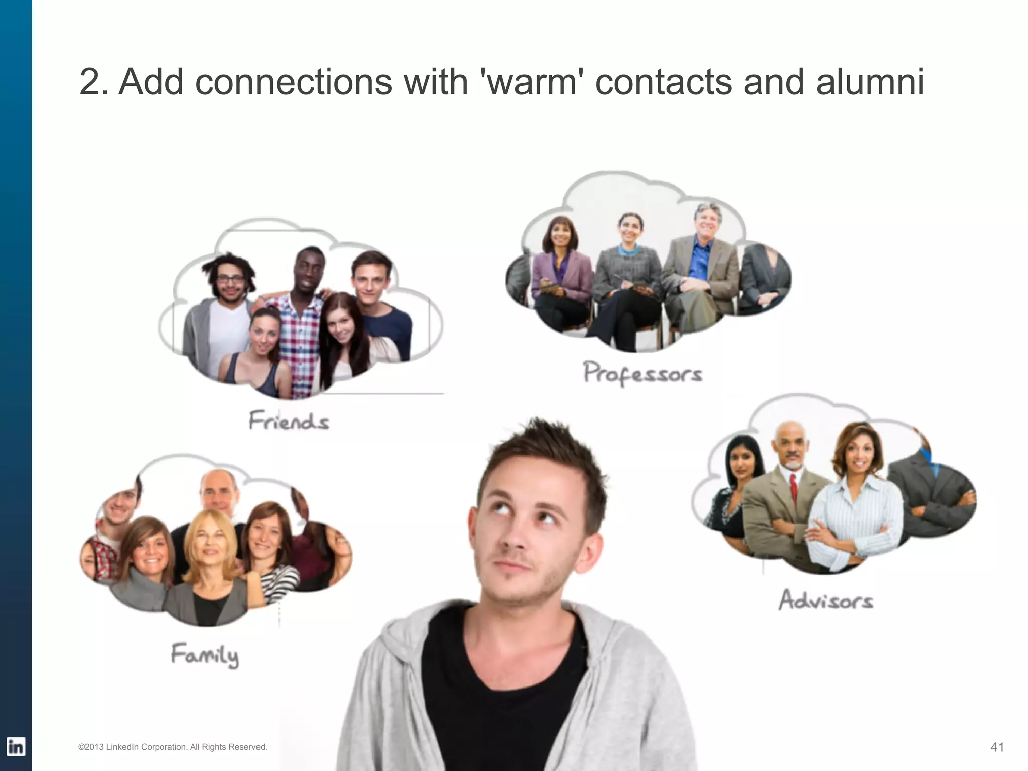 LinkedIn Benefits for Students and Alumni

1 
2 
3 
4 
5 

Build a professional online presence
Add connections with 'warm' contacts and alumni
Research companies, industries, and grad programs
Explore opportunities for undecided students
Learn professional networking etiquette

©2013 LinkedIn Corporation. All Rights Reserved.

41

 