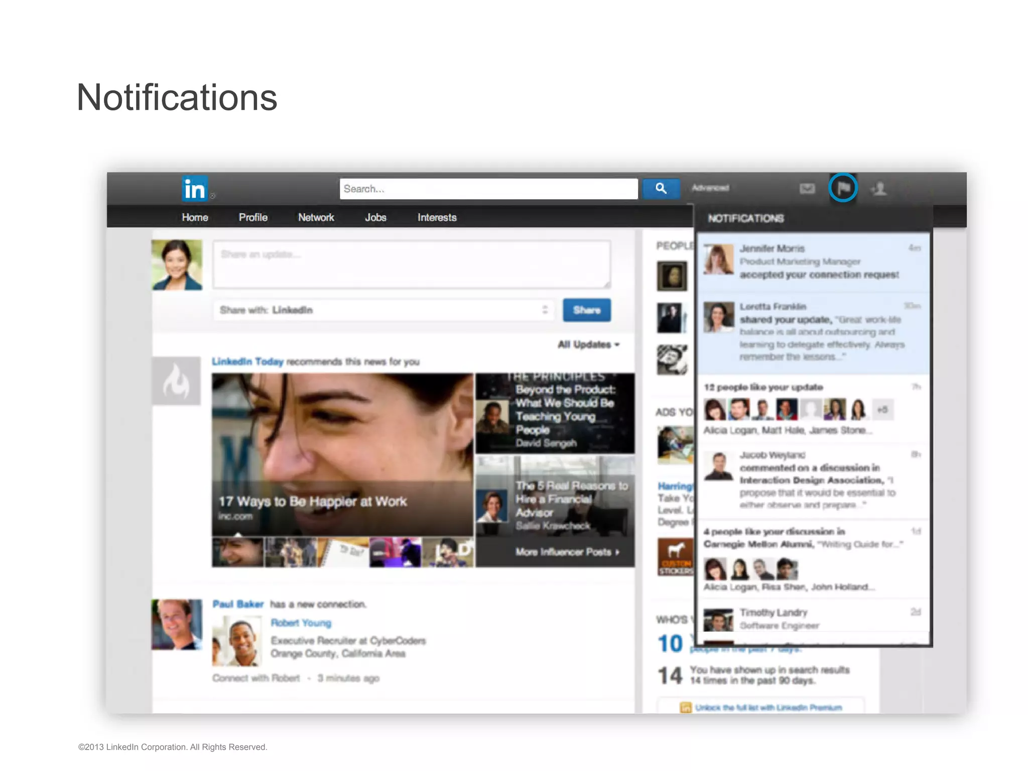More Student LinkedIn Profile Tips

1 
2 
3 
4 
5 

Professional photo of student alone
Headline with area of study and/or career ambitions
Keyword-rich summary that includes type of positions student is
seeking
Inclusion of volunteer activities, internships and extra curriculars
Recommendations from professors, advisors, internships

©2013 LinkedIn Corporation. All Rights Reserved.

47

 