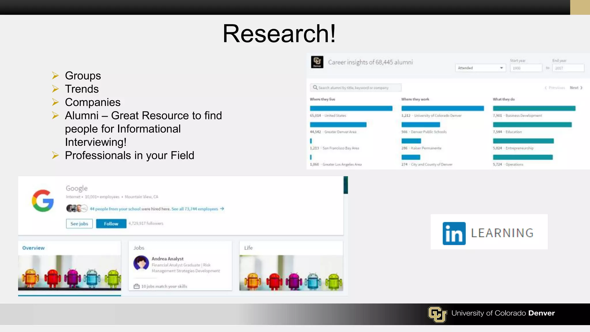 Research!
 Groups
 Trends
 Companies
 Alumni – Great Resource to find
people for Informational
Interviewing!
 Professionals in your Field
 