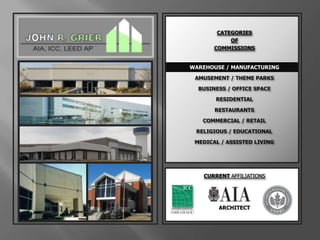 CATEGORIESOFCOMMISSIONSWAREHOUSE / MANUFACTURINGAMUSEMENT / THEME PARKSBUSINESS / OFFICE SPACERESIDENTIALRESTAURANTS COMMERCIAL / RETAILRELIGIOUS / EDUCATIONALMEDICAL / ASSISTED LIVINGCURRENT AFFILIATIONSARCHITECT