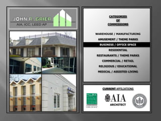 CATEGORIESOFCOMMISSIONSWAREHOUSE / MANUFACTURINGAMUSEMENT / THEME PARKSBUSINESS / OFFICE SPACERESIDENTIALRESTAURANTS / THEME PARKSCOMMERCIAL / RETAILRELIGIOUS / EDUCATIONALMEDICAL / ASSISTED LIVINGCURRENT AFFILIATIONSARCHITECT