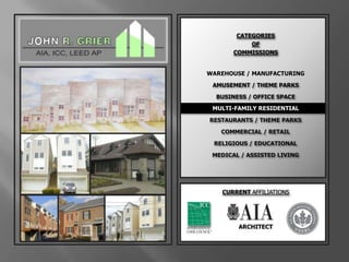 CATEGORIESOFCOMMISSIONSWAREHOUSE / MANUFACTURINGAMUSEMENT / THEME PARKSBUSINESS / OFFICE SPACEMULTI-FAMILY RESIDENTIALRESTAURANTS / THEME PARKSCOMMERCIAL / RETAILRELIGIOUS / EDUCATIONALMEDICAL / ASSISTED LIVINGCURRENT AFFILIATIONSARCHITECT