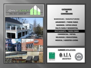 CATEGORIESOFCOMMISSIONSWAREHOUSE / MANUFACTURINGAMUSEMENT / THEME PARKSBUSINESS / OFFICE SPACEMULTI-FAMILY RESIDENTIALRESTAURANTS / THEME PARKSCOMMERCIAL / RETAILRELIGIOUS / EDUCATIONALMEDICAL / ASSISTED LIVINGCURRENT AFFILIATIONSARCHITECT