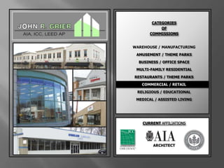 CATEGORIESOFCOMMISSIONSWAREHOUSE / MANUFACTURINGAMUSEMENT / THEME PARKSBUSINESS / OFFICE SPACEMULTI-FAMILY RESIDENTIALRESTAURANTS / THEME PARKSCOMMERCIAL / RETAILRELIGIOUS / EDUCATIONALMEDICAL / ASSISTED LIVINGCURRENT AFFILIATIONSARCHITECT