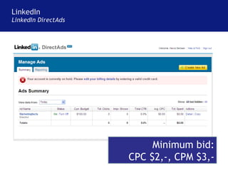 LinkedIn LinkedIn DirectAds Minimum bid: CPC $2,-, CPM $3,- 