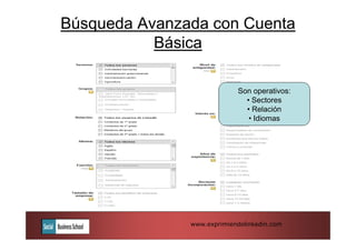 Búsqueda Avanzada con Cuenta
           Básica

                             Son operativos:
                               • Sectores
                               • Relación
                                • Idiomas




               www.exprimiendolinkedin.com
 