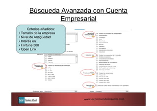 Búsqueda Avanzada con Cuenta
               Empresarial
      Criterios añadidos:
• Tamaño de la empresa
• Nivel de Antigüedad
• Interés en
• Fortune 500
• Open Link




                            www.exprimiendolinkedin.com
 