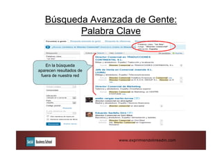 Búsqueda Avanzada de Gente:
          Palabra Clave


   En la búsqueda
aparecen resultados de
 fuera de nuestra red




                         www.exprimiendolinkedin.com
 