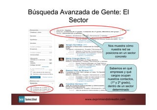 Búsqueda Avanzada de Gente: El
           Sector


                              Nos muestra cómo
                                 nuestra red se
                             posiciona en un sector
                                    concreto



                                Sabemos en qué
                                empresas y qué
                                 cargos ocupan
                               nuestros contactos,
                                 (1º y 2º grado),
                               dentro de un sector
                                  determinado


                www.exprimiendolinkedin.com
 