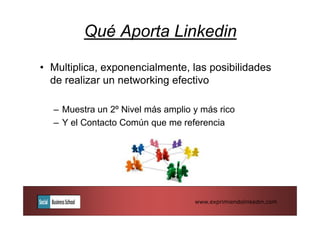 Qué Aporta Linkedin

• Multiplica, exponencialmente, las posibilidades
  de realizar un networking efectivo

  – Muestra un 2º Nivel más amplio y más rico
  – Y el Contacto Común que me referencia




                                   www.exprimiendolinkedin.com
 