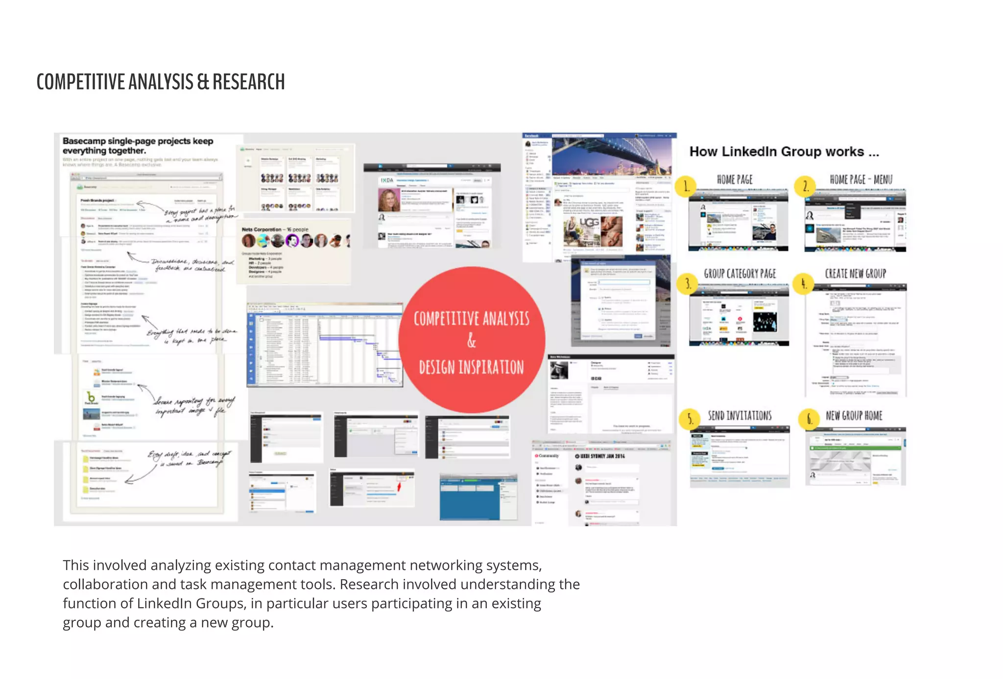 COMPETITIVEANALYSIS&RESEARCH
This involved analyzing existing contact management networking systems,
collaboration and task management tools. Research involved understanding the
function of LinkedIn Groups, in particular users participating in an existing
group and creating a new group.
 