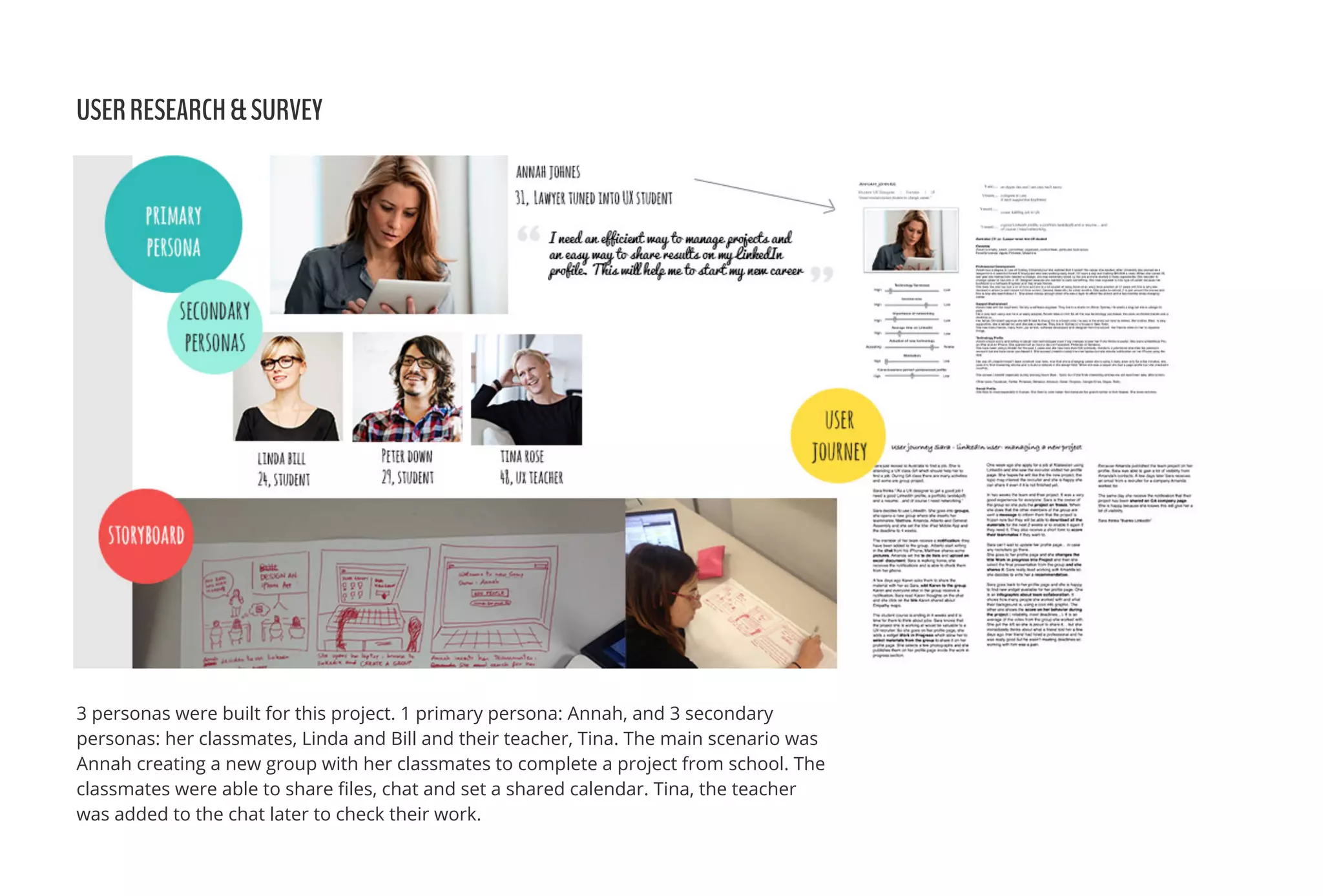 USERRESEARCH&SURVEY
3 personas were built for this project. 1 primary persona: Annah, and 3 secondary
personas: her classmates, Linda and Bill and their teacher, Tina. The main scenario was
Annah creating a new group with her classmates to complete a project from school. The
classmates were able to share ﬁles, chat and set a shared calendar. Tina, the teacher
was added to the chat later to check their work.
 
