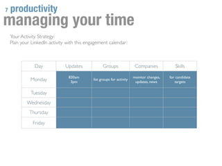 7   productivity
managing your time
    Your Activity Strategy:
    Plan your LinkedIn activity with this engagement calendar:



                Day            Updates             Groups                Companies            Skills

                                 830am                                  monitor changes,   for candidate
              Monday              3pm
                                             list groups for activity
                                                                         updates, news        targets

              Tuesday
            Wednesday
             Thursday

               Friday
 