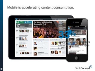 Mobile is accelerating content consumption.
33%
of unique visiting members
came through mobile apps
in Q2 2013
 