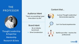 THE
PROFESSOR
Is actual Thought Leadership /
Demonstrates expertise
Built foryourtribe – teaches the
professionals
Thought Leadership
&Expertise
Mentorship
Research &Data
Can’t be found anywhereelse
Audience Intent
“Teach me something Inever
knew about my role.”
Brand Intent
 Be an industry
benchmark
 Drive Consideration
Content that…
 