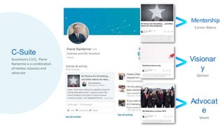 C-Suite
Accenture’s CEO, Pierre
Nanterme is a combination
of mentor, visionary and
advocate
Mentorship
Career Advice
Visionar
y
Opinion
Advocat
e
Values
 