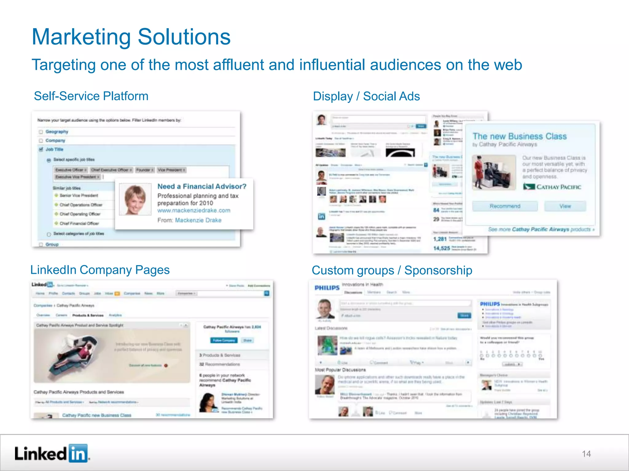 Marketing Solutions
Targeting one of the most affluent and influential audiences on the web
Self-Service Platform                   Display / Social Ads




LinkedIn Company Pages                  Custom groups / Sponsorship




                                                                          14
 