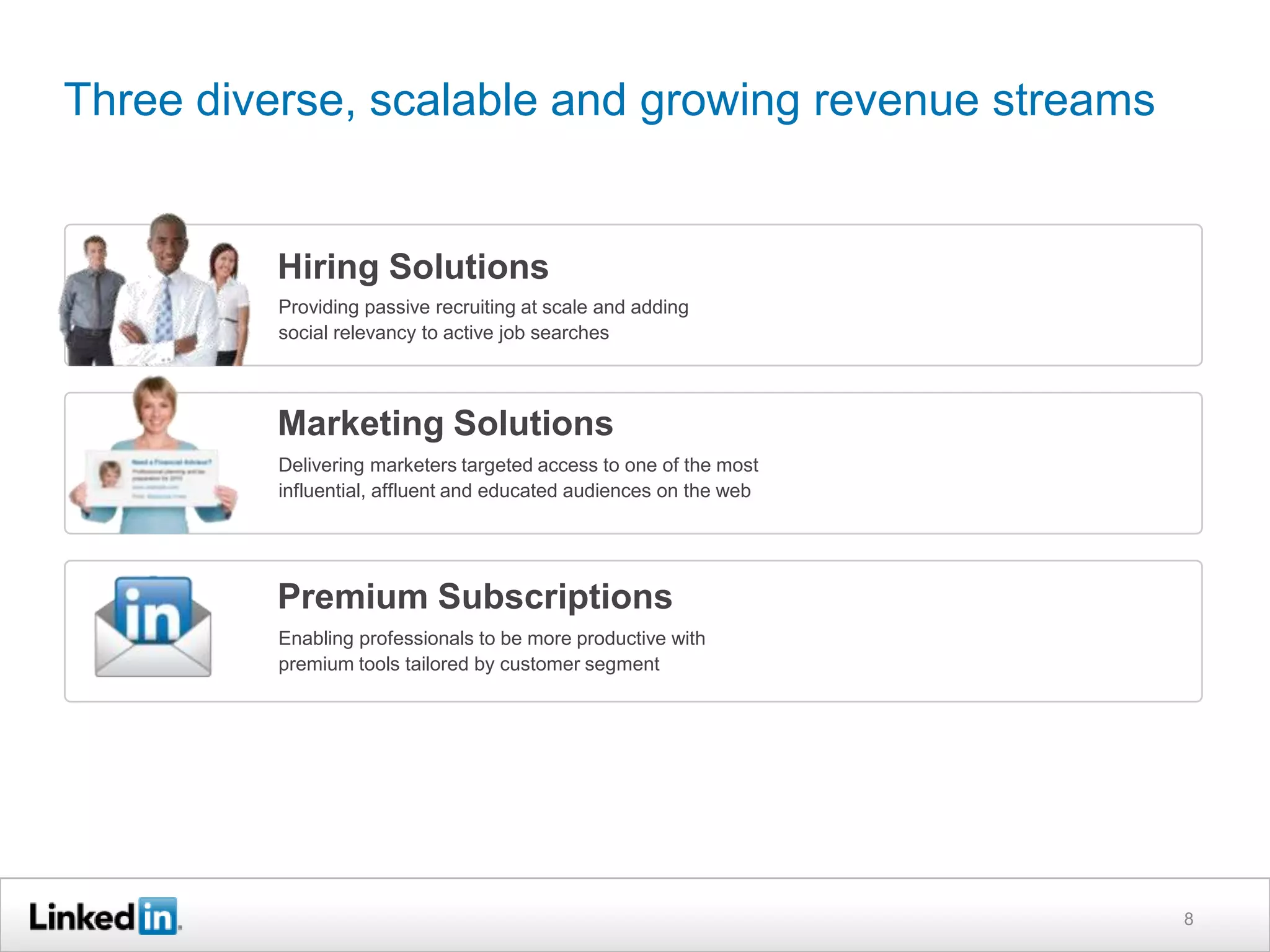 Three diverse, scalable and growing revenue streams


         Hiring Solutions
          Providing passive recruiting at scale and adding
          social relevancy to active job searches



         Marketing Solutions
          Delivering marketers targeted access to one of the most
          influential, affluent and educated audiences on the web




         Premium Subscriptions
          Enabling professionals to be more productive with
          premium tools tailored by customer segment




                                                                    8
 