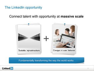 The LinkedIn opportunity

  Connect talent with opportunity at massive scale




                              +
        Fundamentally transforming the way the world works


                                                             2
 
