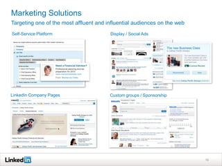 Marketing Solutions
Targeting one of the most affluent and influential audiences on the web
16
Self-Service Platform
Custom groups / SponsorshipLinkedIn Company Pages
Display / Social Ads
 