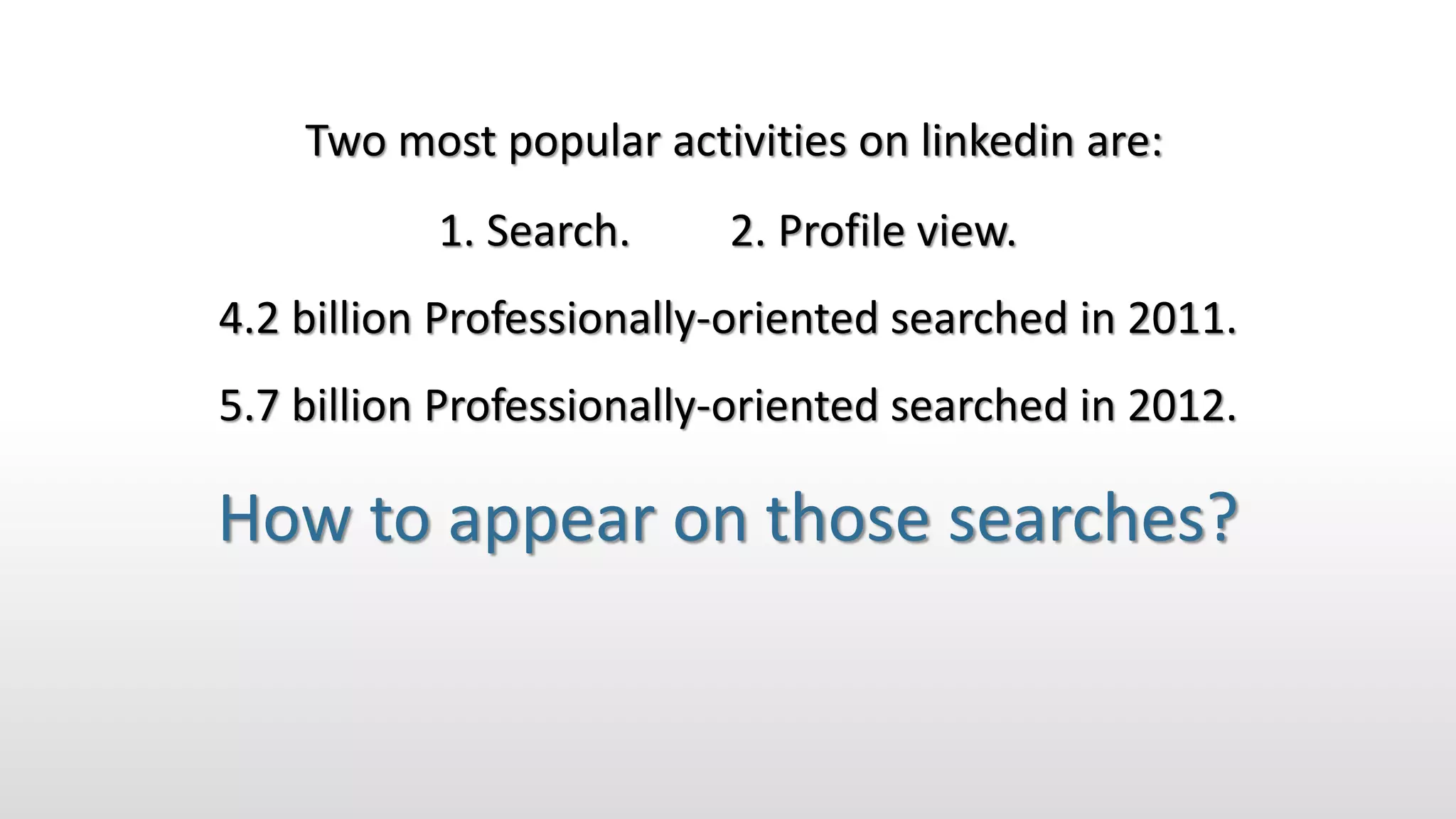Two most popular activities on linkedin are:
1. Search. 2. Profile view.
4.2 billion Professionally-oriented searched in 2011.
5.7 billion Professionally-oriented searched in 2012.
How to appear on those searches?
 