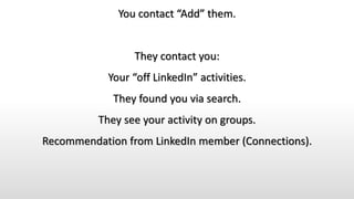You contact “Add” them.
They contact you:
Your “off LinkedIn” activities.
They found you via search.
They see your activity on groups.
Recommendation from LinkedIn member (Connections).
 