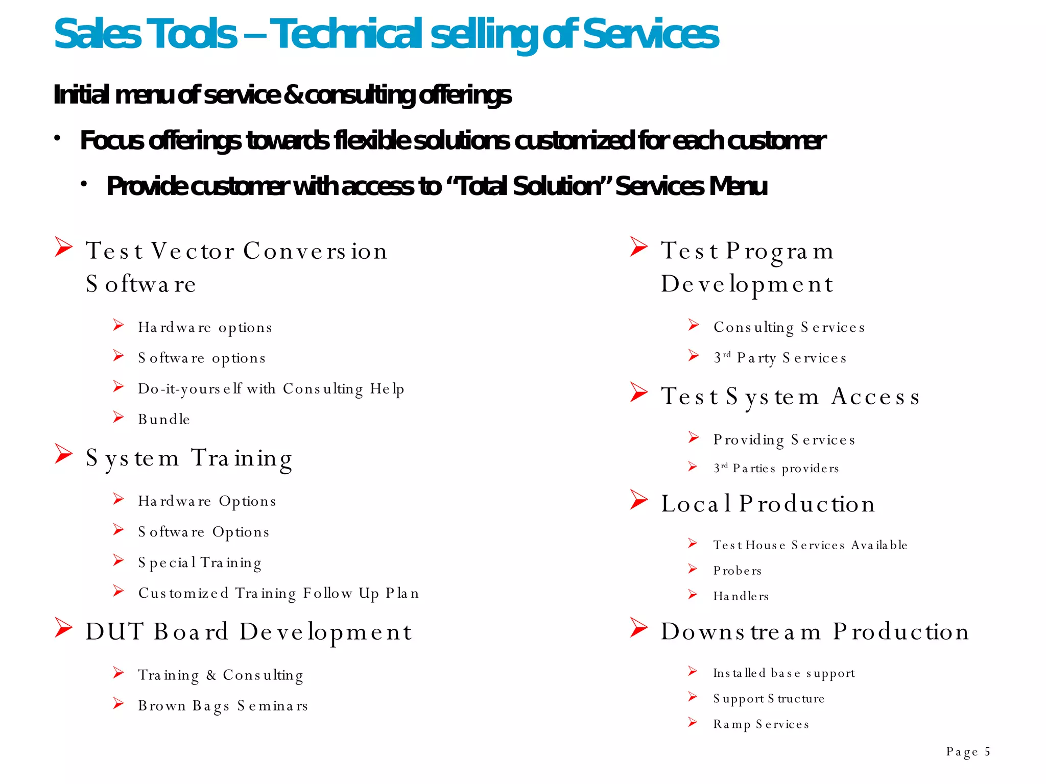 Sales Tools – Technical selling of Services Initial menu of service & consulting offerings Focus offerings towards flexible solutions customized for each customer Provide customer with access to “Total Solution” Services Menu Test Vector Conversion Software Hardware options Software options Do-it-yourself with Consulting Help Bundle System Training Hardware Options Software Options Special Training Customized Training Follow Up Plan DUT Board Development Training & Consulting Brown Bags Seminars Test Program Development Consulting Services 3 rd  Party Services Test System Access Providing Services 3 rd  Parties providers Local Production Test House Services Available Probers Handlers Downstream Production Installed base support Support Structure Ramp Services 