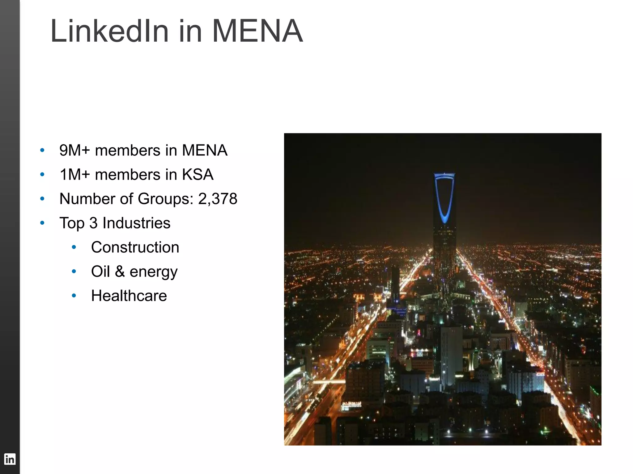 LinkedIn in MENA
• 9M+ members in MENA
• 1M+ members in KSA
• Number of Groups: 2,378
• Top 3 Industries
• Construction
• Oil & energy
• Healthcare
 