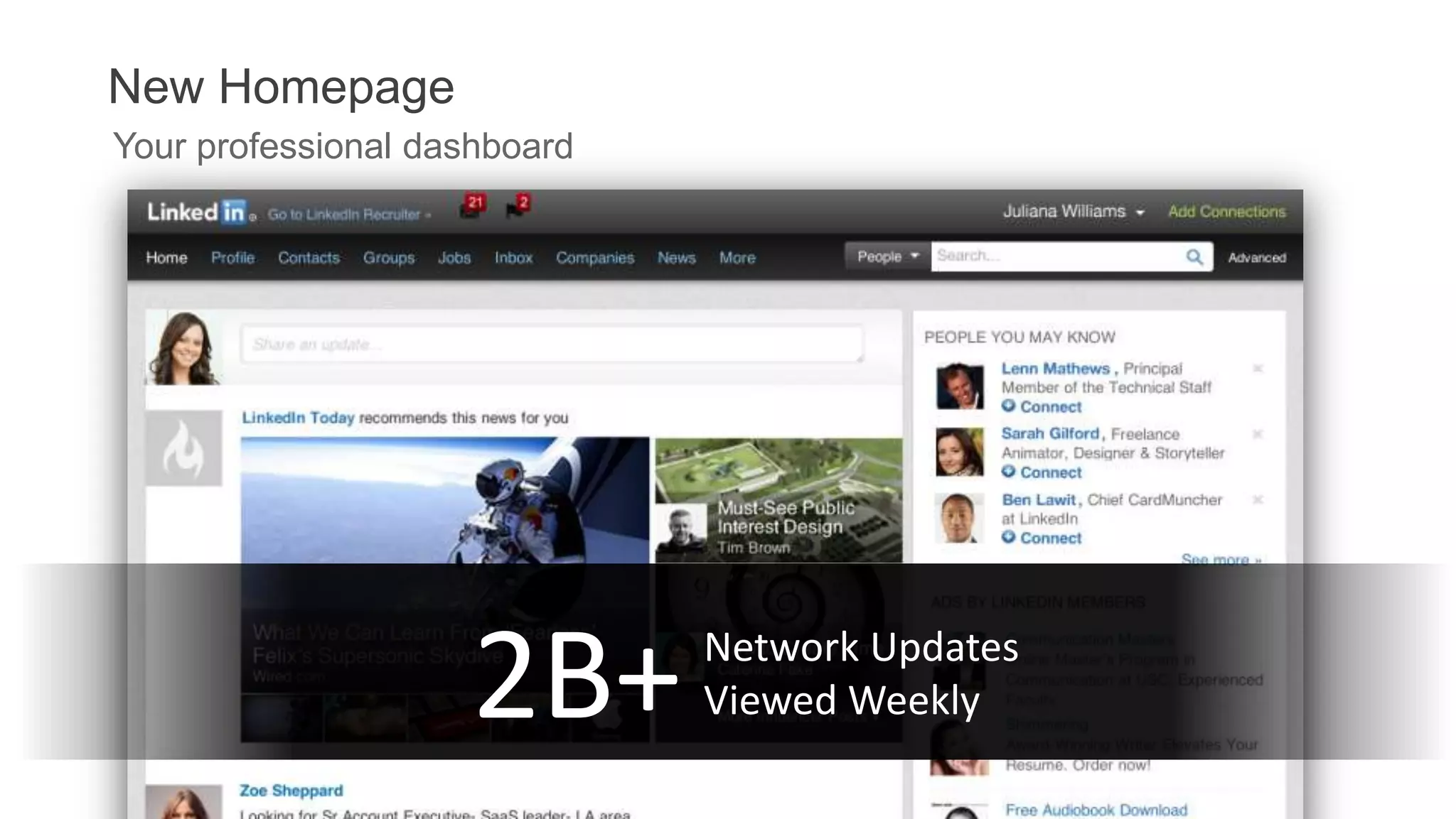 Your professional dashboard
2B+ Network Updates
Viewed Weekly
New Homepage
 