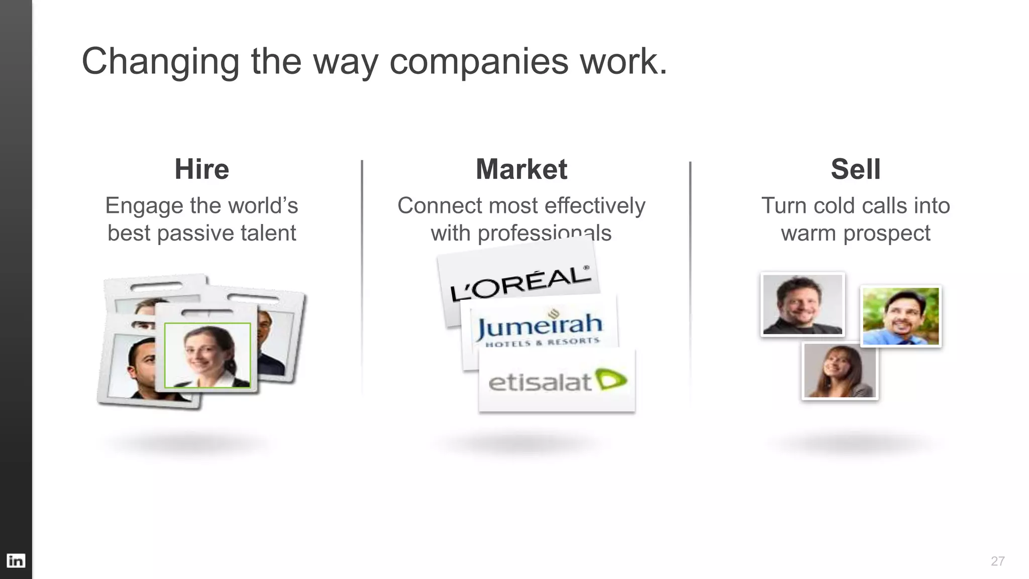 Changing the way companies work.
27
Sell
Turn cold calls into
warm prospect
Market
Connect most effectively
with professionals
Hire
Engage the world’s
best passive talent
 