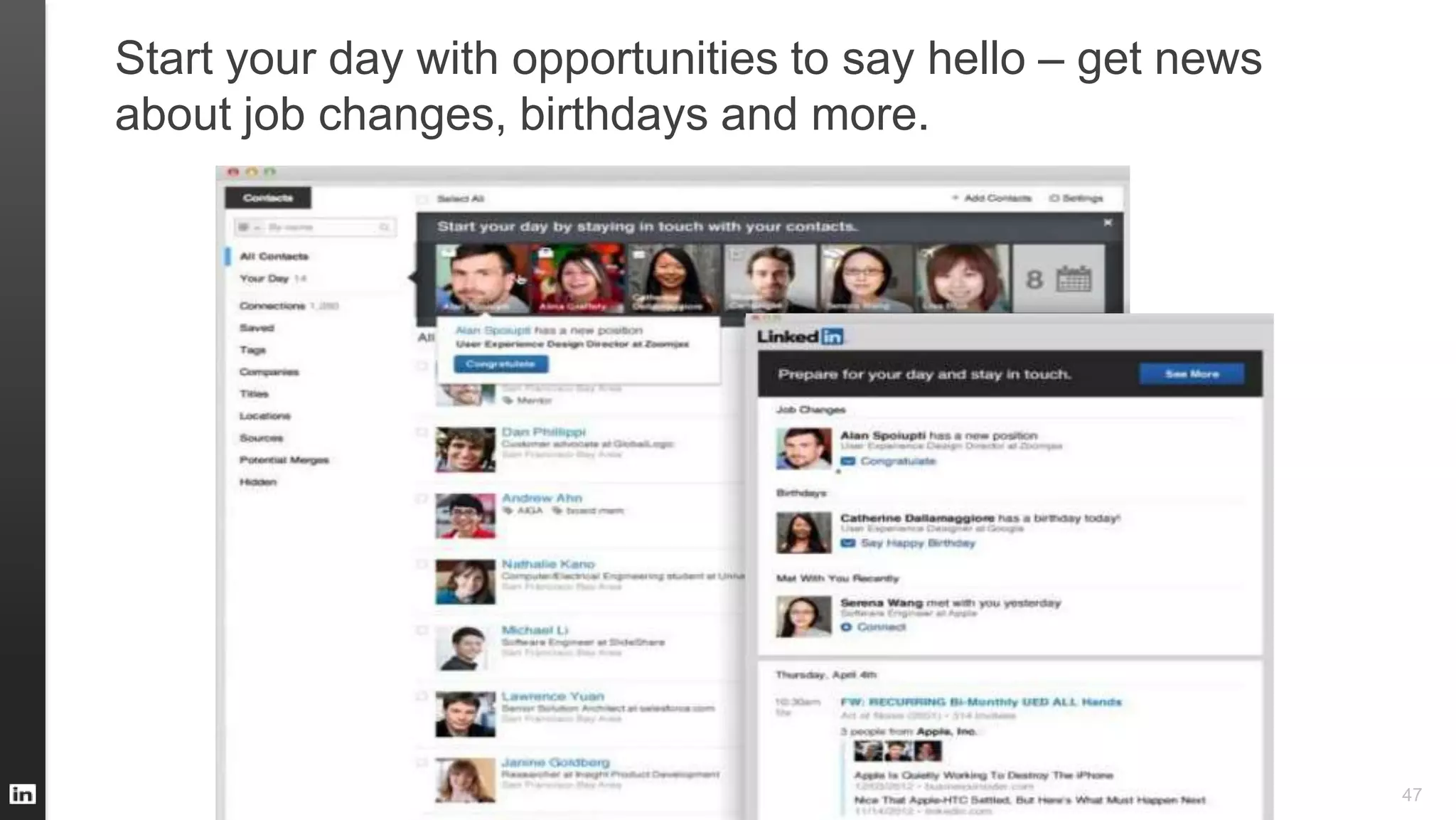 Start your day with opportunities to say hello – get news
about job changes, birthdays and more.
47
 