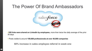 The Power Of Brand Ambassadors
350 links were shared on LinkedIn by employees, more than twice the daily average of the prior
30 days
 Posts visible to around 159,000 professionals at over 40,000 companies
60% increase in sales employee referral in week one
 