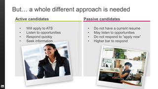 Active candidates
• Will apply to ATS
• Listen to opportunities
• Respond quickly
• Seek information
Passive candidates
• Do not have a current resume
• May listen to opportunities
• Do not respond to “apply now”
• Higher bar to respond
But… a whole different approach is needed
 