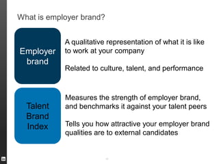 What is employer brand?
49
Employer
brand
Measures the strength of employer brand,
and benchmarks it against your talent peers
Tells you how attractive your employer brand
qualities are to external candidates
Talent
Brand
Index
A qualitative representation of what it is like
to work at your company
Related to culture, talent, and performance
 