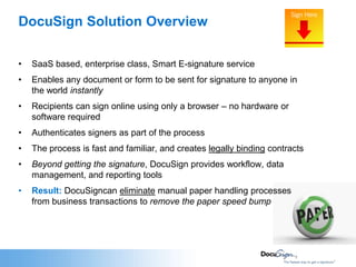 DocuSign Solution OverviewSaaS based, enterprise class, Smart E-signature serviceEnables any document or form to be sent for signature to anyone in the world instantlyRecipients can sign online using only a browser – no hardware or software requiredAuthenticates signers as part of the processThe process is fast and familiar, and creates legally binding contractsBeyond getting the signature, DocuSign provides workflow, data management, and reporting toolsResult: DocuSigncan eliminate manual paper handling processes from business transactions to remove the paper speed bump