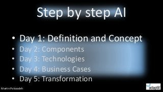 • Day 1: Definition and Concept
• Day 2: Components
• Day 3: Technologies
• Day 4: Business Cases
• Day 5: Transformation
Step by step AI
Martin Polozadeh
 