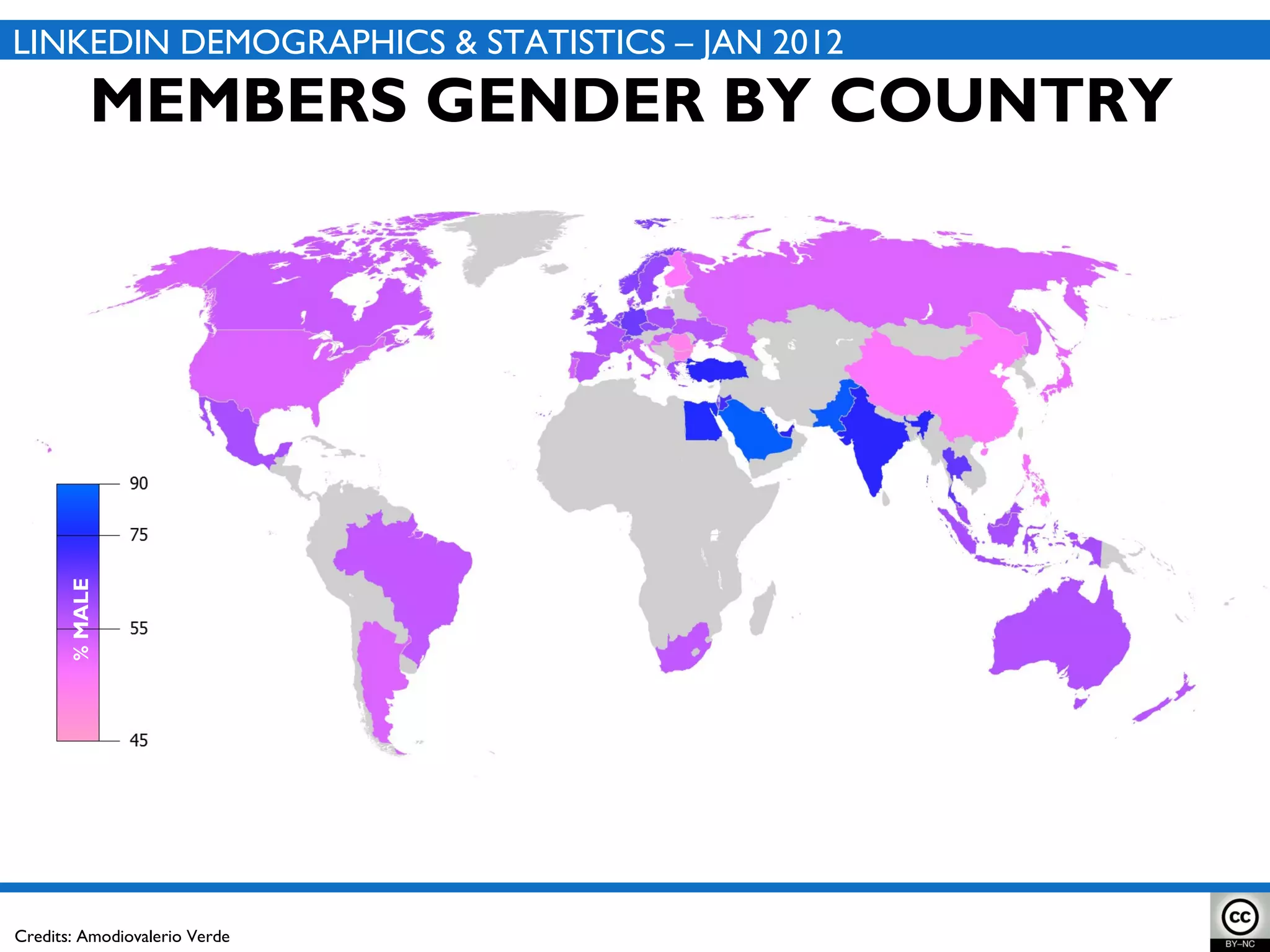 MEMBERS GENDER BY COUNTRY LINKEDIN DEMOGRAPHICS & STATISTICS – JAN 2012 Credits: Amodiovalerio Verde % MALE 